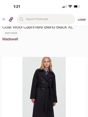 Madewell Black Double-Breasted Wool-Blend Trench Coat with Belt